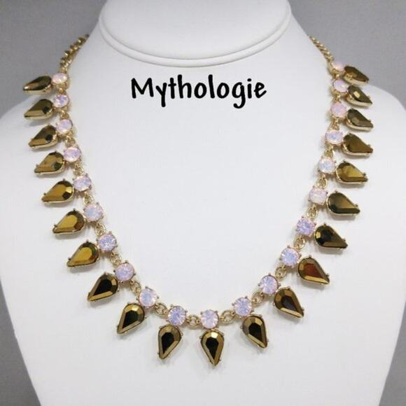 Pink Faux Opal Gold Rhinestone Necklace, Beautiful Bling, Mythologie, 21 Inches - Picture 1 of 8